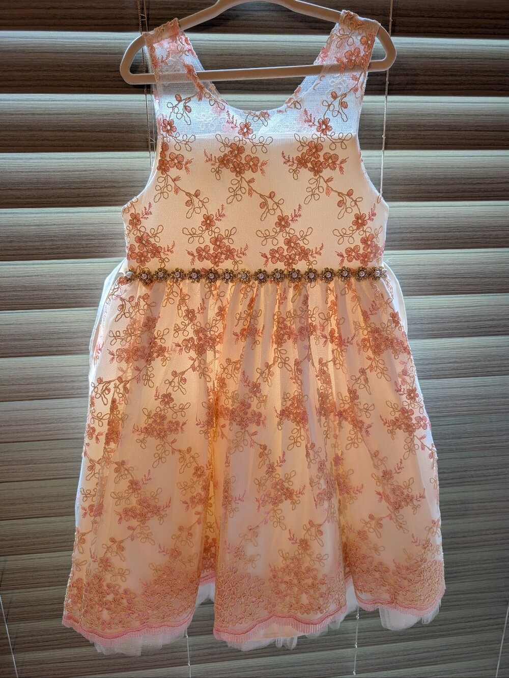 Beautiful Pink Floral Lace Party Dress with Jeweled Waist